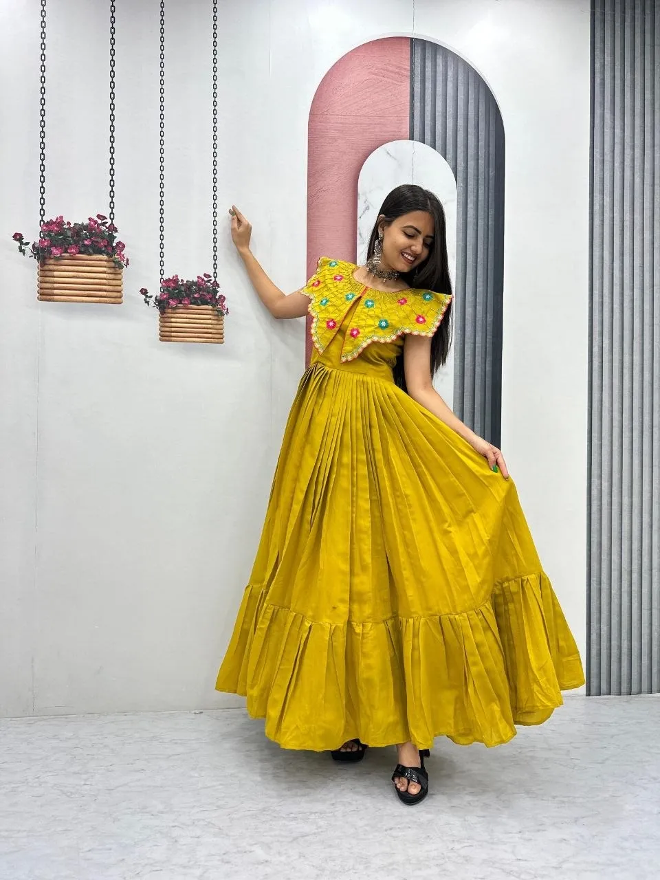 Mustard Color Butterfly Pattern Neck Gown