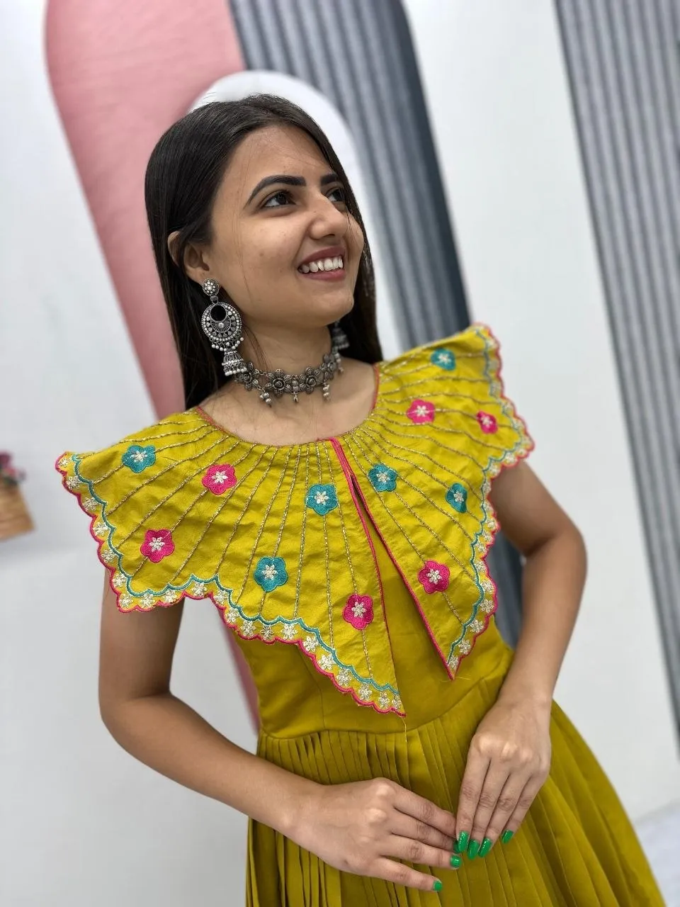Mustard Color Butterfly Pattern Neck Gown