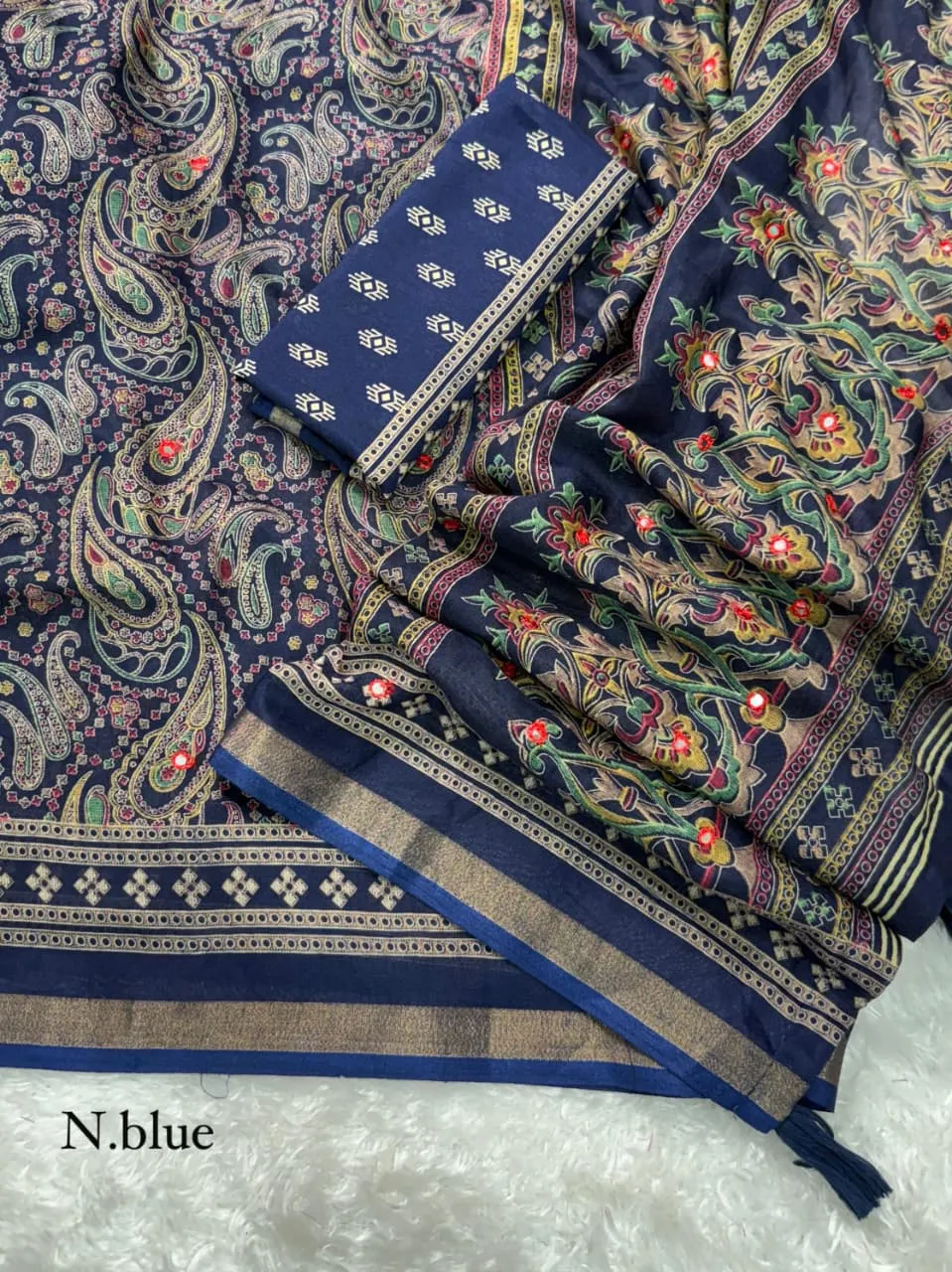 Navy Blue Ajrakh Printed Cotton Saree with Tassel