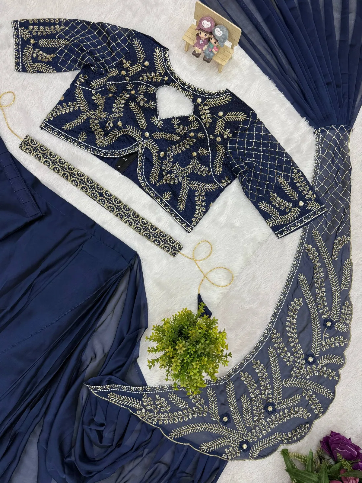 Navy Blue Readymade Saree with Embroidery Pallu
