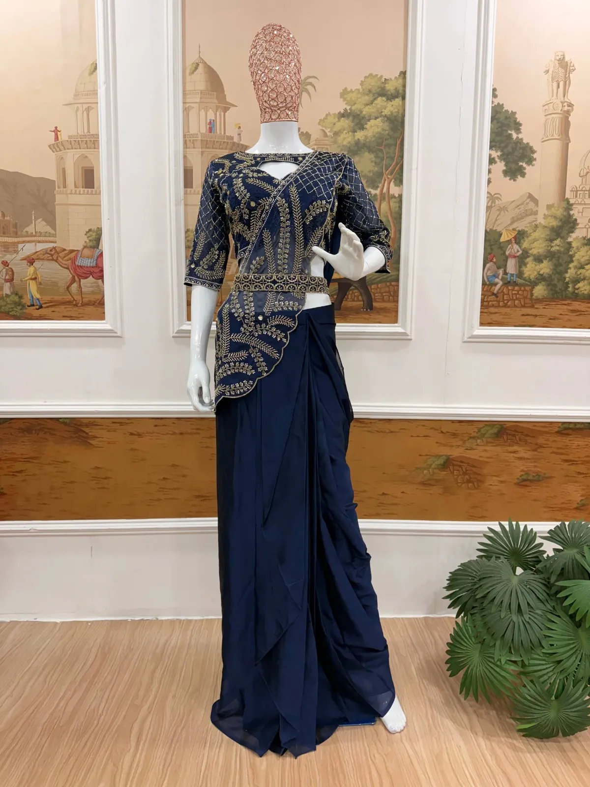 Navy Blue Readymade Saree with Embroidery Pallu