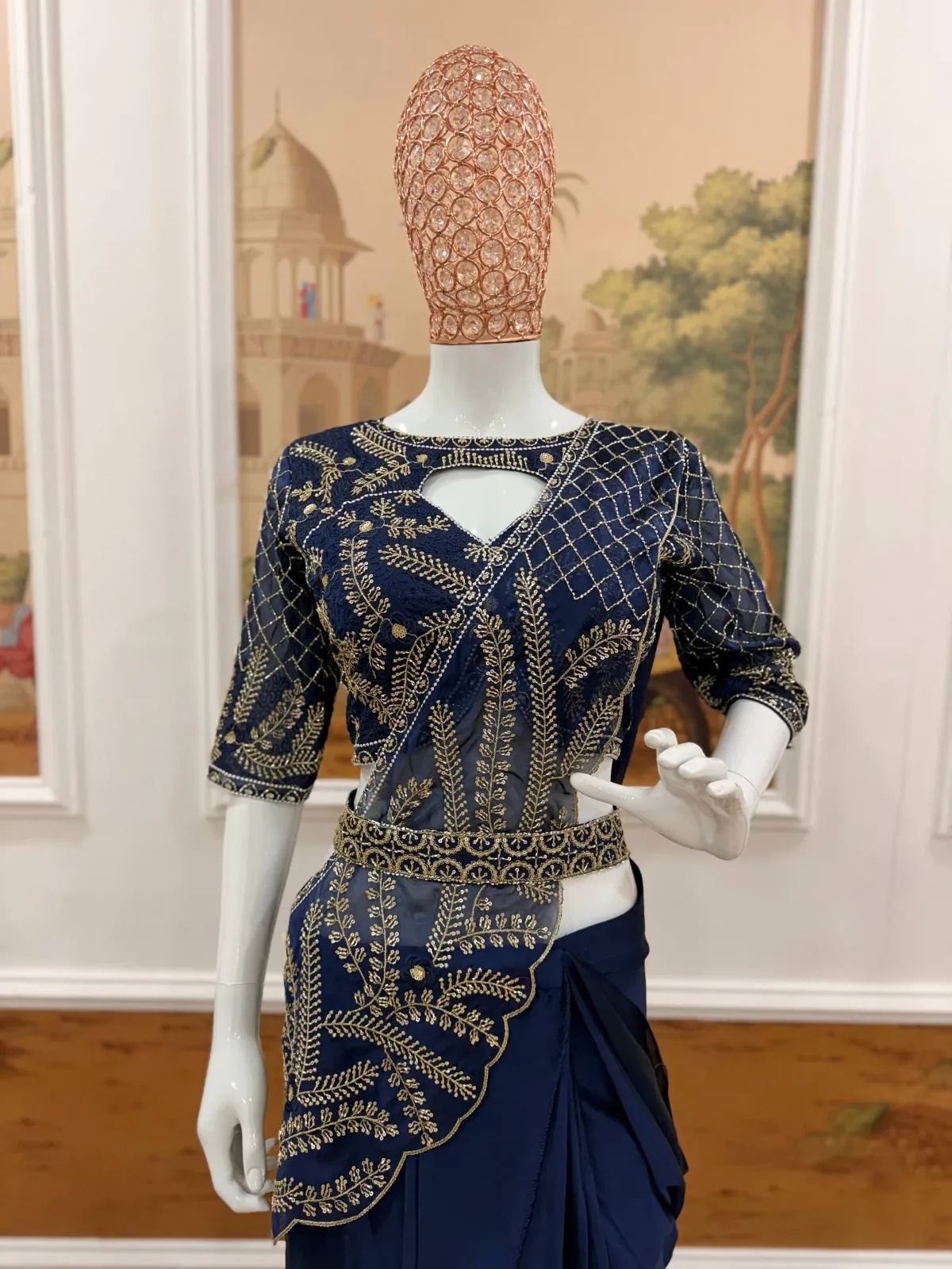 Navy Blue Readymade Saree with Embroidery Pallu