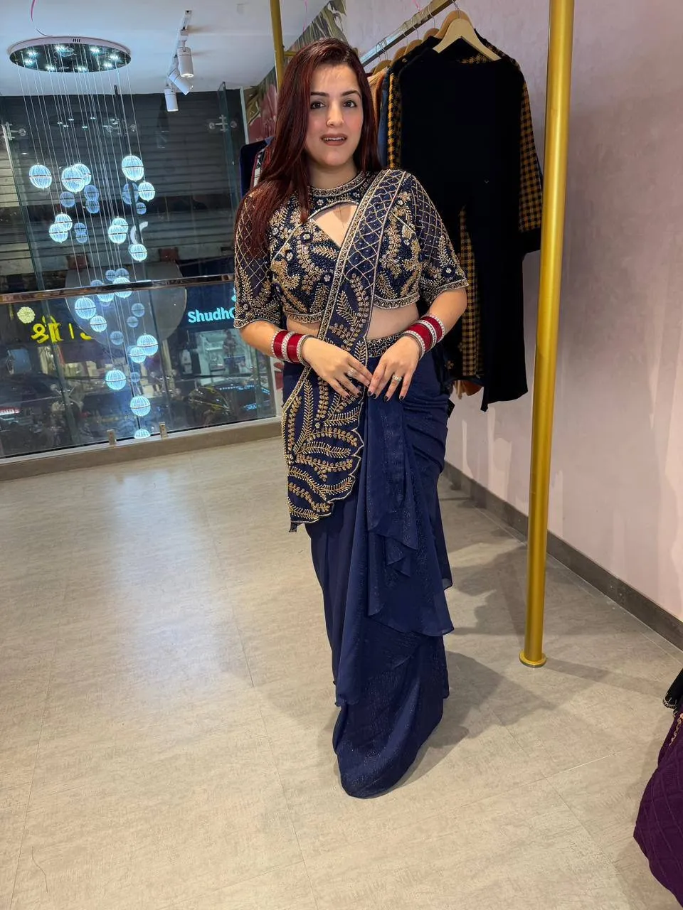 Navy Blue Readymade Saree with Embroidery Pallu