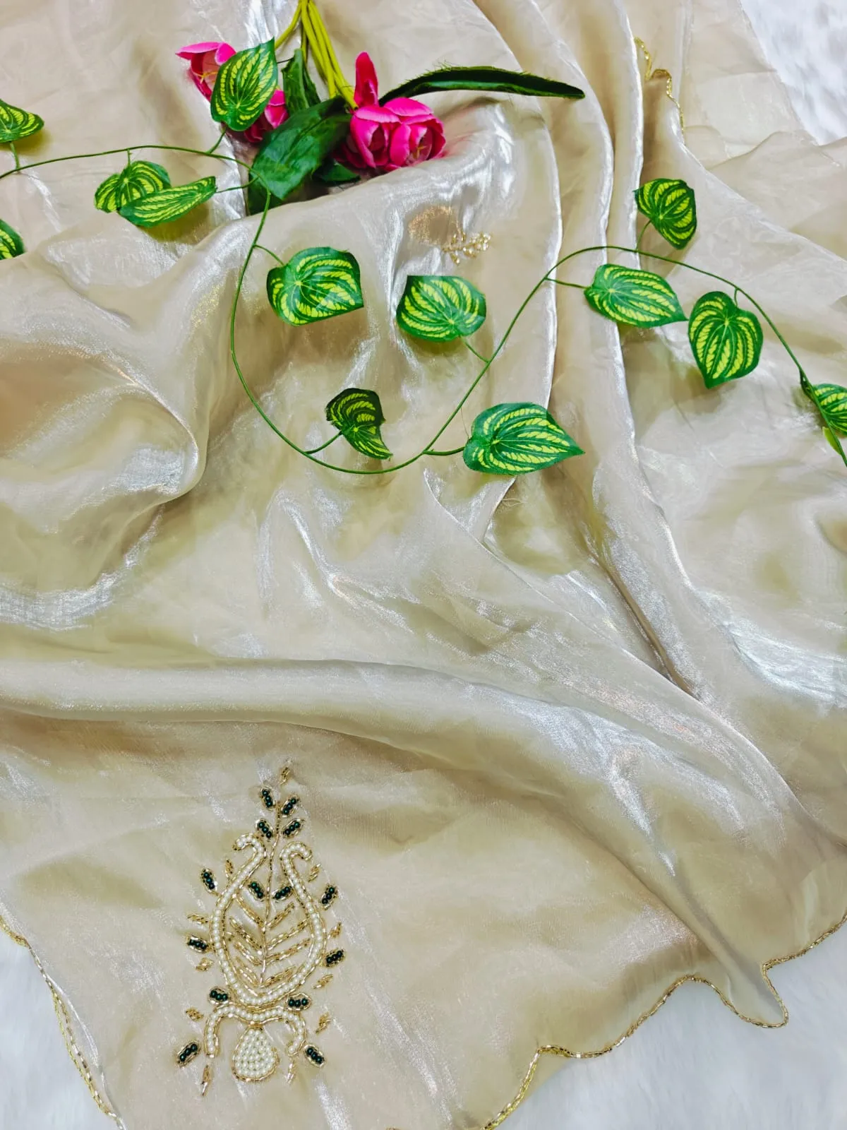 Off White Chiku Color Handwork Saree