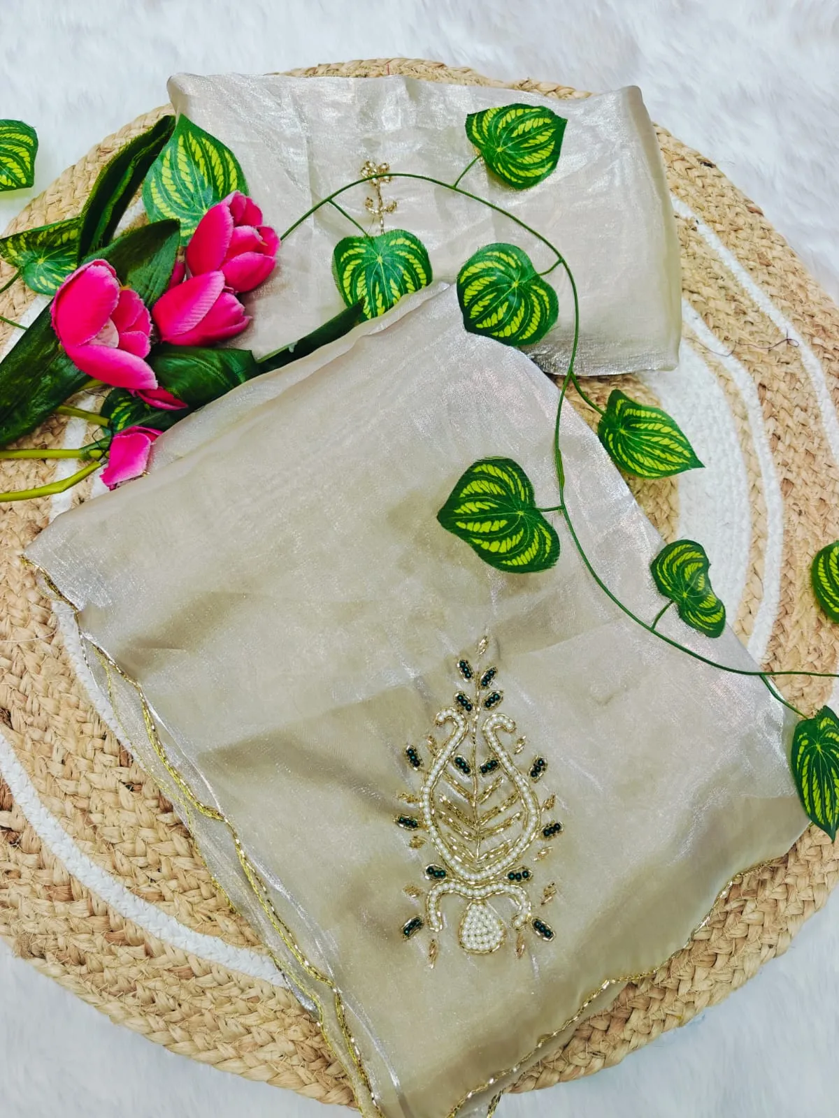 Off White Chiku Color Handwork Saree