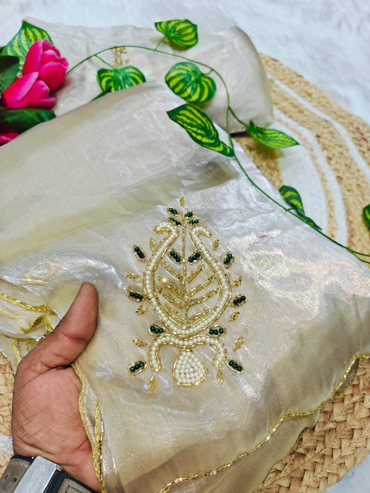 Off White Chiku Color Handwork Saree