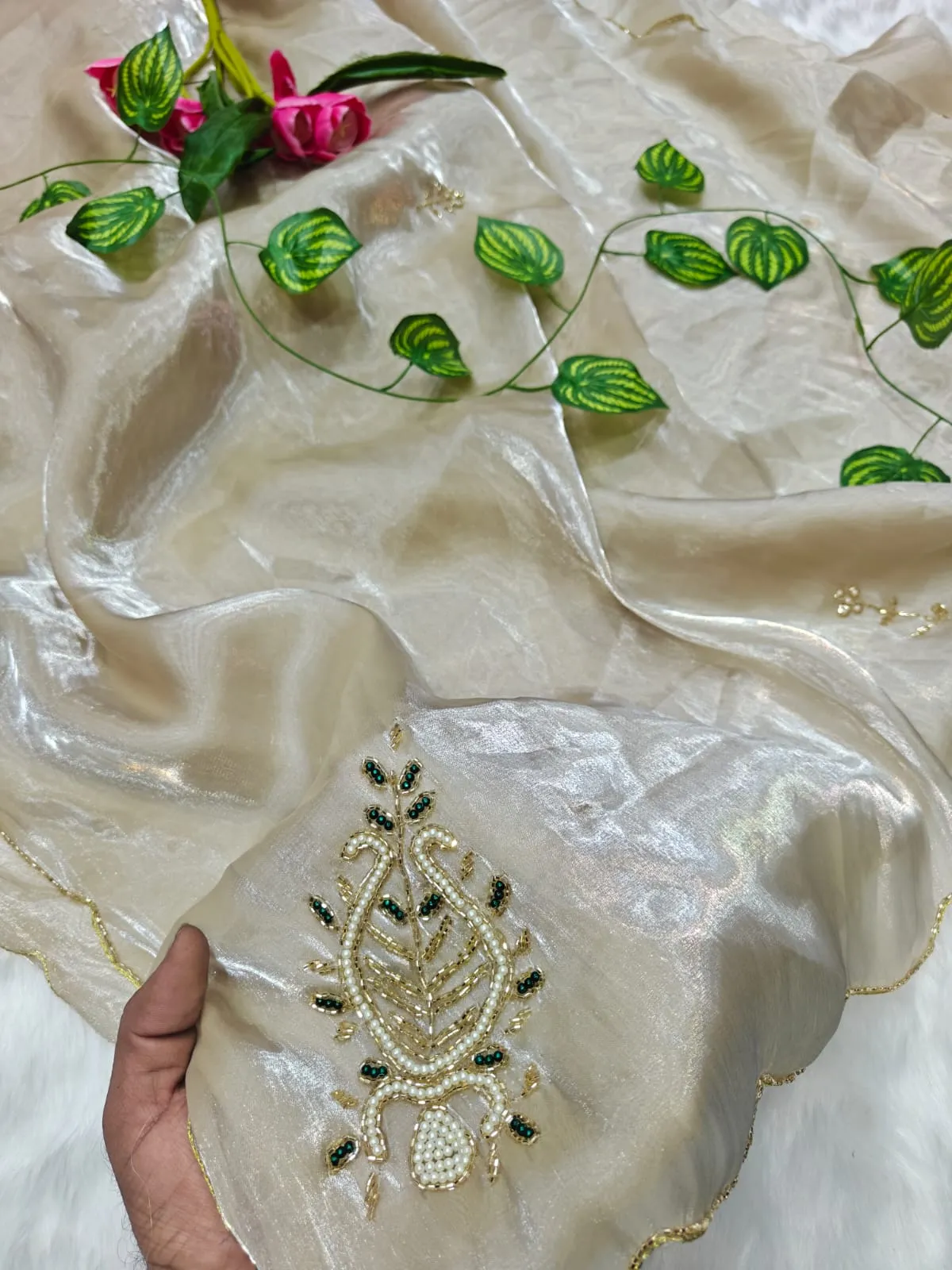 Off White Chiku Color Handwork Saree