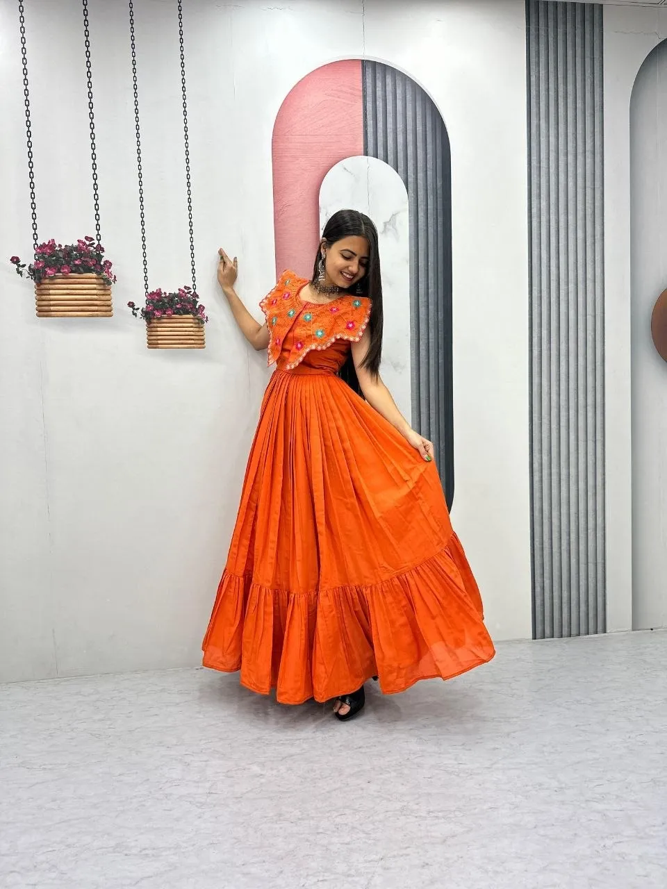 Orange Butterfly Pattern Neck Gown