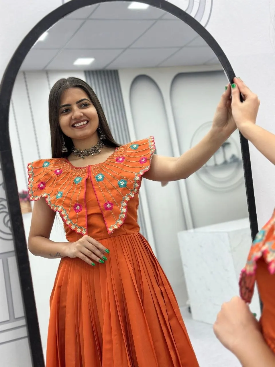Orange Butterfly Pattern Neck Gown