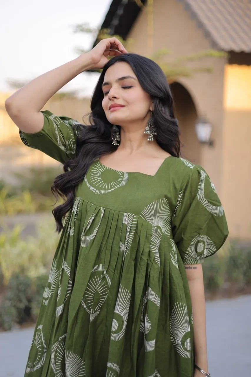 Green Cotton Printed Frill Kurti Frock