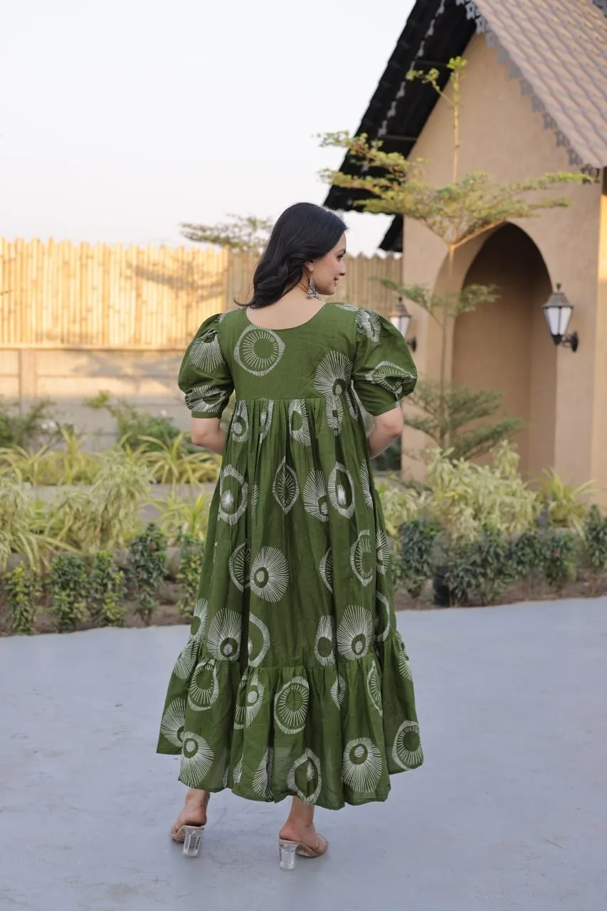 Green Cotton Printed Frill Kurti Frock