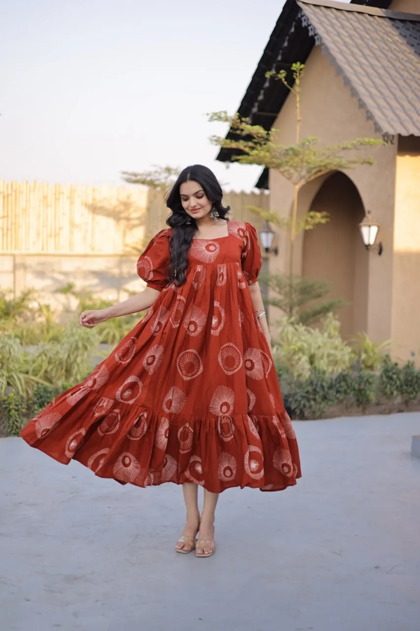 Orange Cotton Printed Frill Kurti Frock