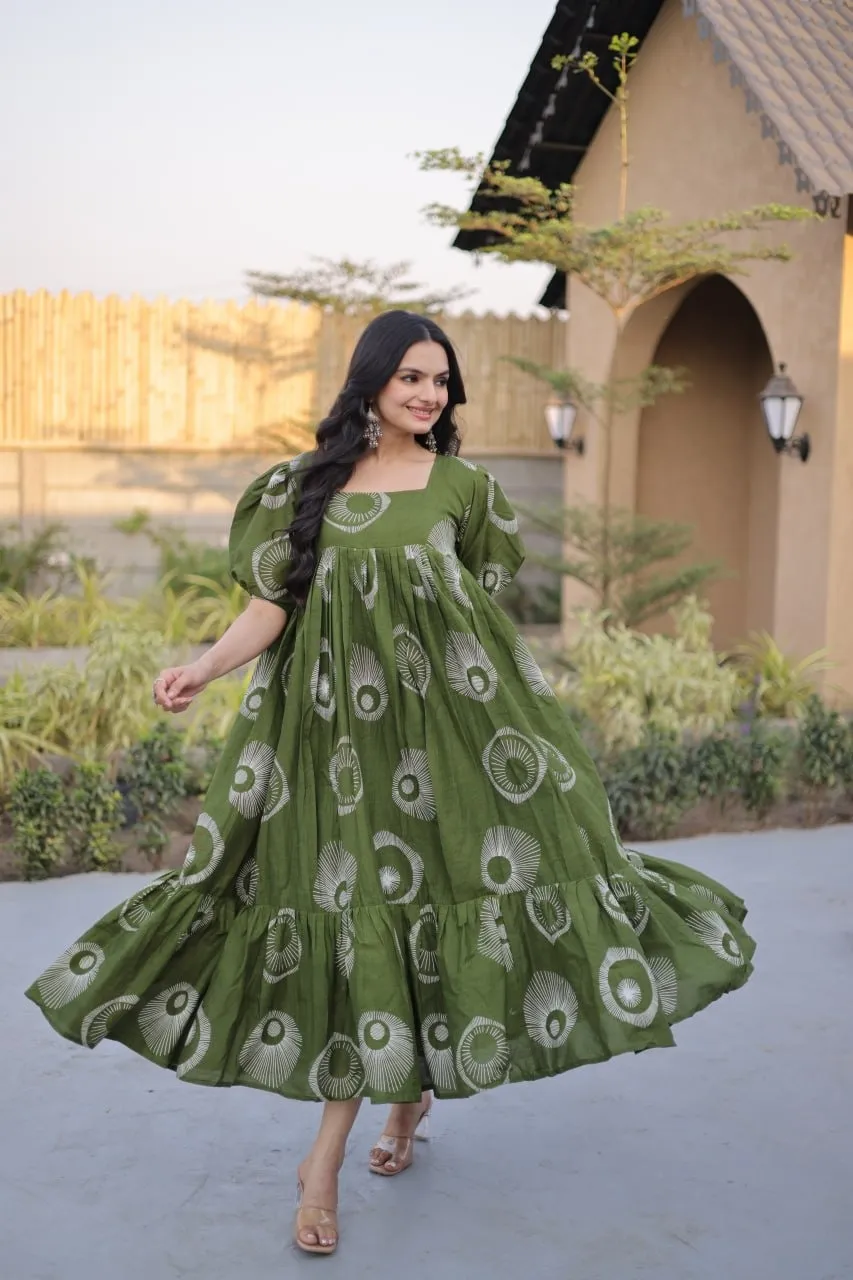 Green Cotton Printed Frill Kurti Frock