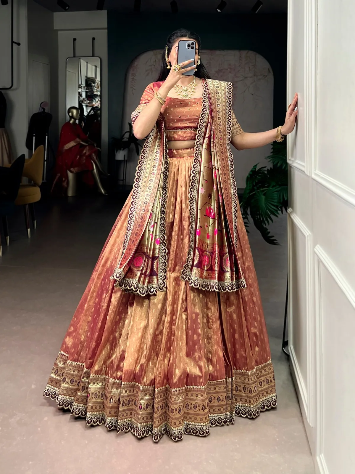 Peach Color Wedding Lehenga Choli with Paithani Dupatta