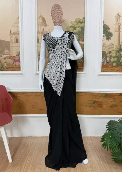 Peacock Pallu Readymade Saree Black Color