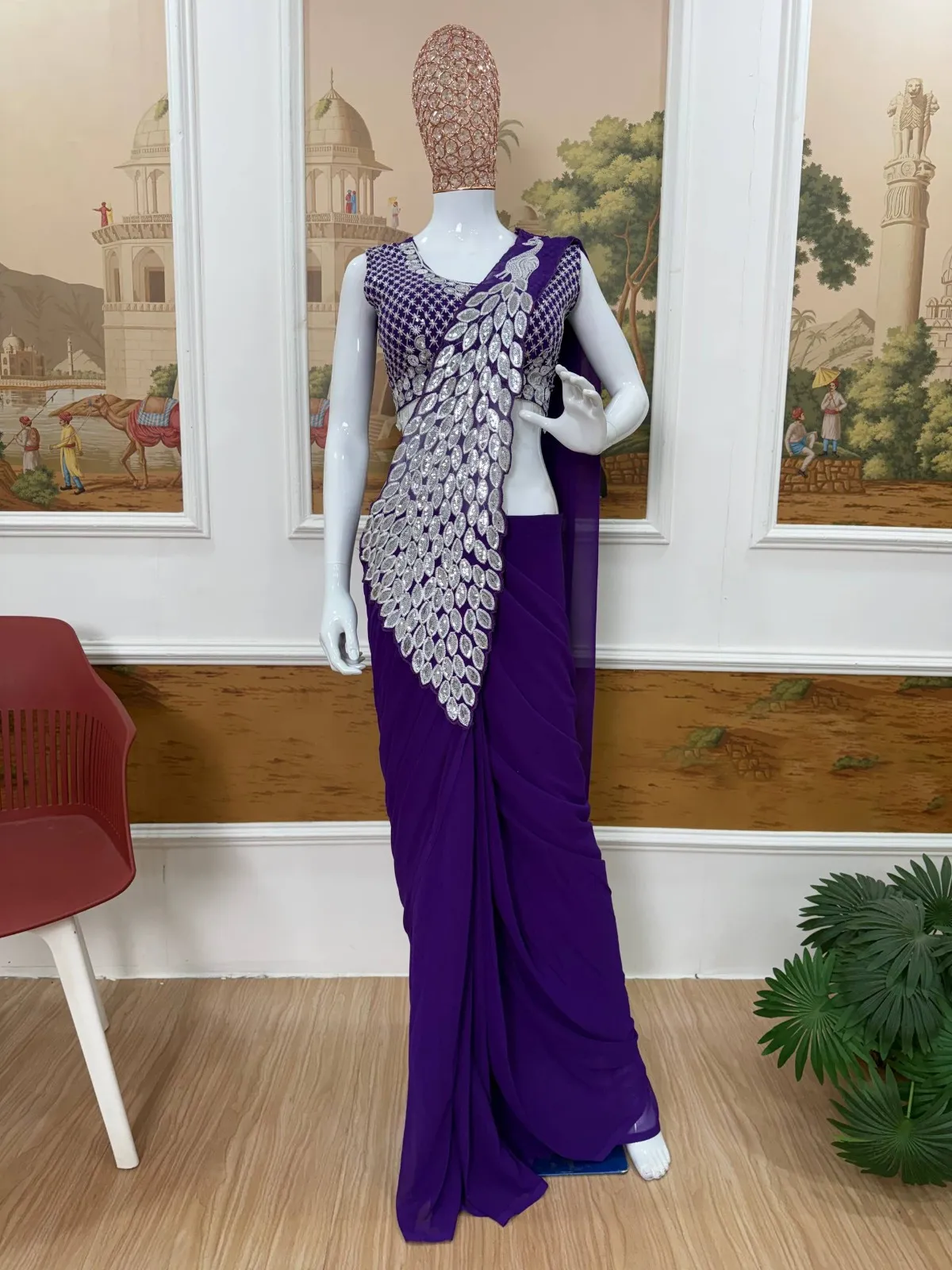 Peacock Pallu Readymade Saree Violet Color
