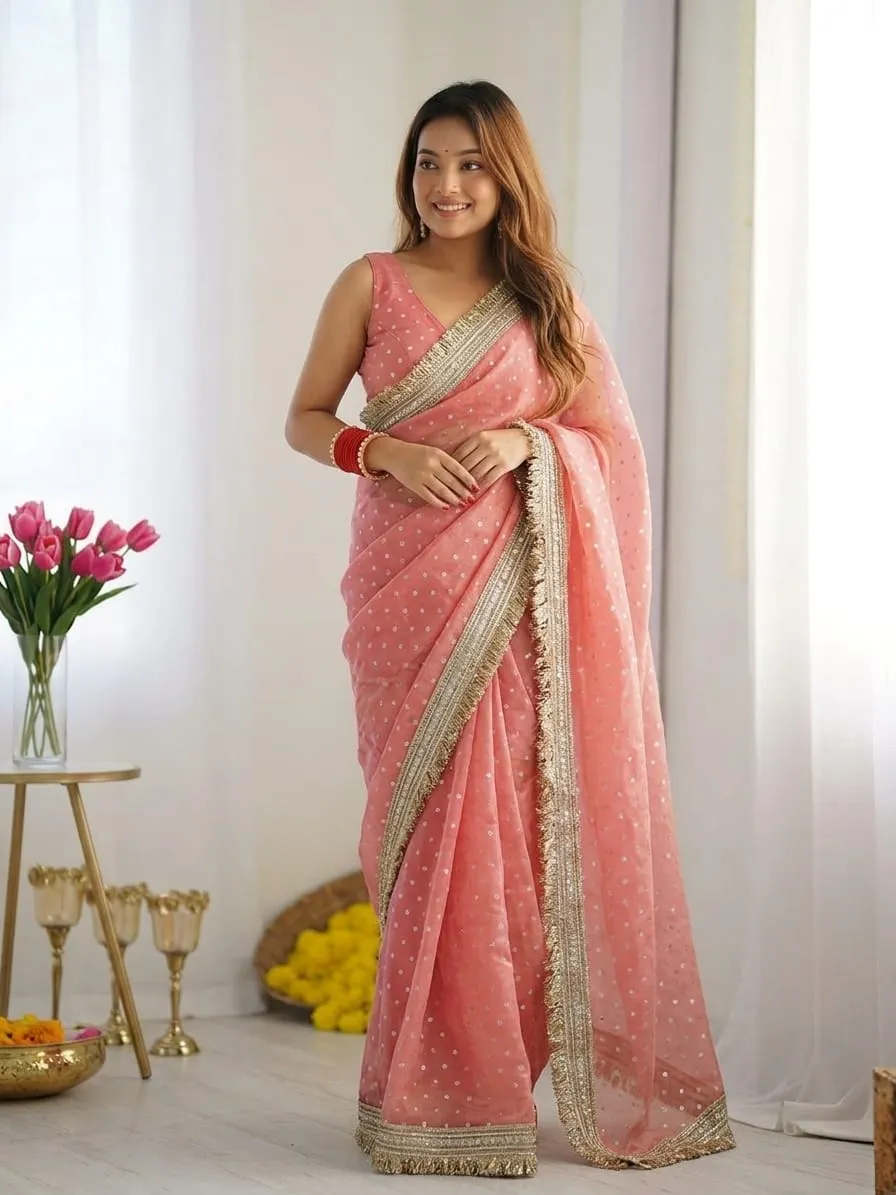 Pink Color Heavy Wedding Wear Saree