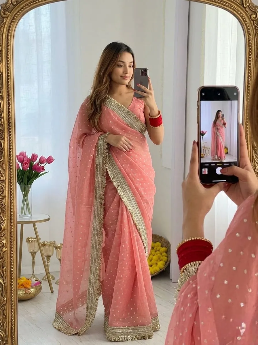 Pink Color Heavy Wedding Wear Saree