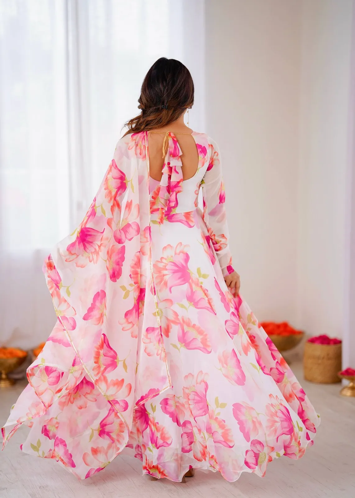 Big Flair Flower Printed Gown with Dupatta White