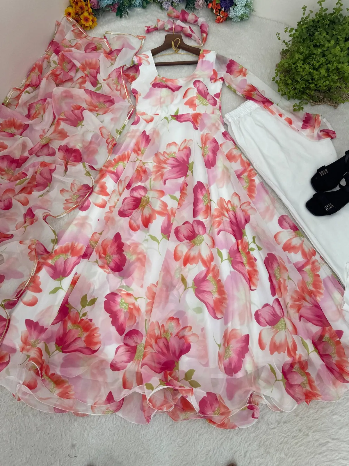 Big Flair Flower Printed Gown with Dupatta White