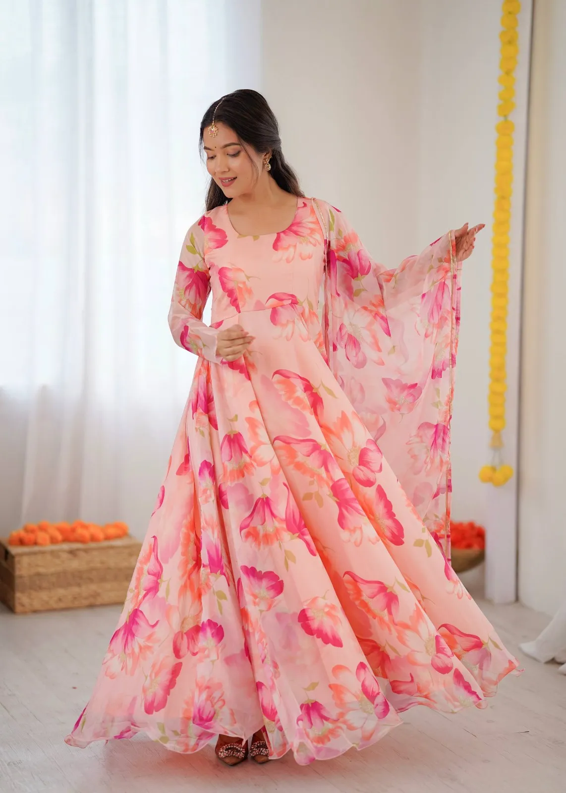 Pink Floral Printed Big Flair Gown