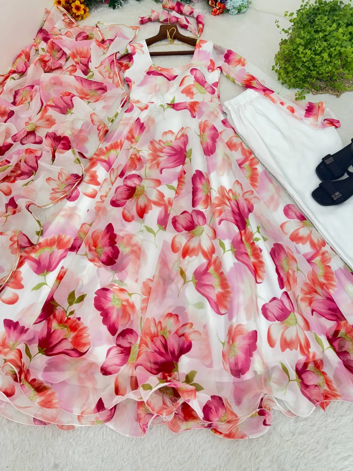 Big Flair Flower Printed Gown with Dupatta White