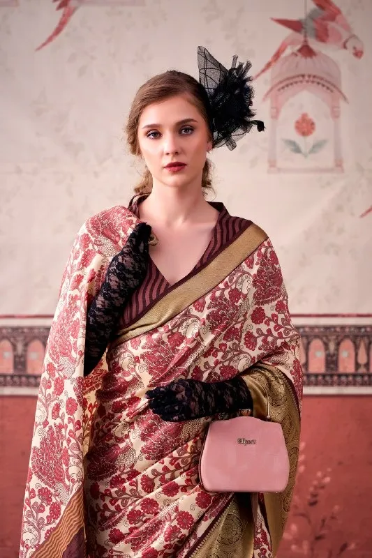 Pink Tasar Silk Floral Printed Saree