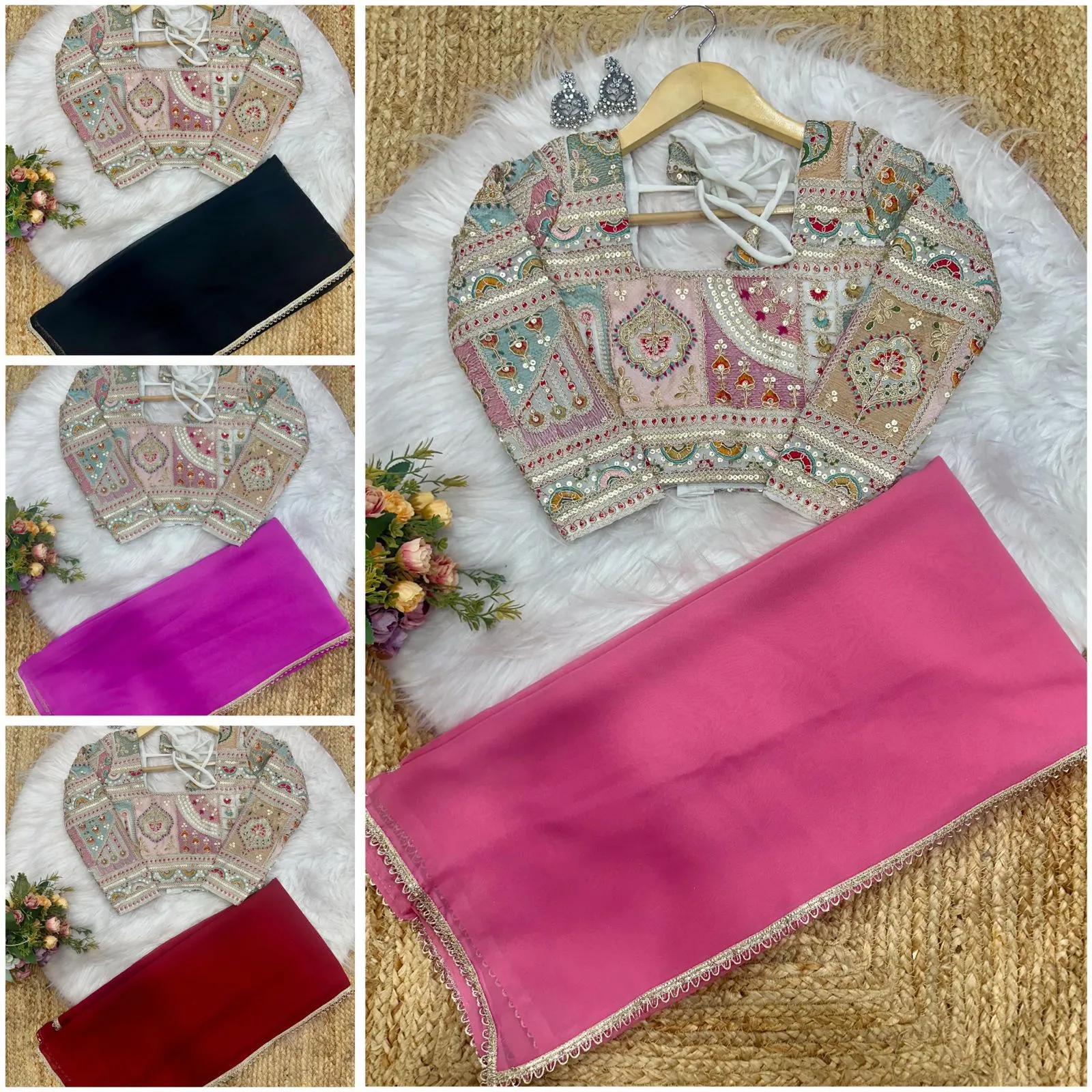 Plain Saree with Heavy Multi Color Blouse