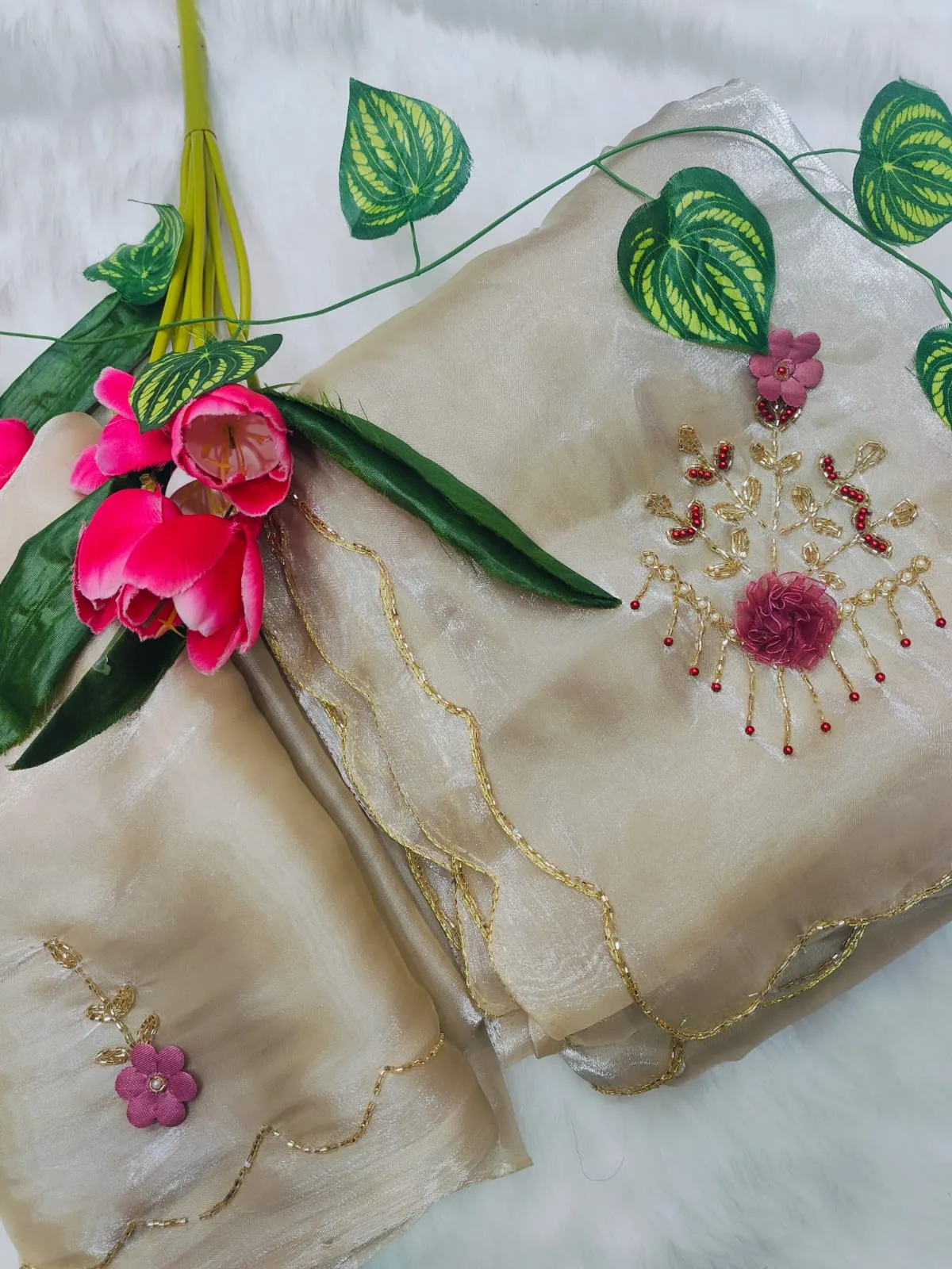 Premium Cut dana Handwork Saree with Lotus work