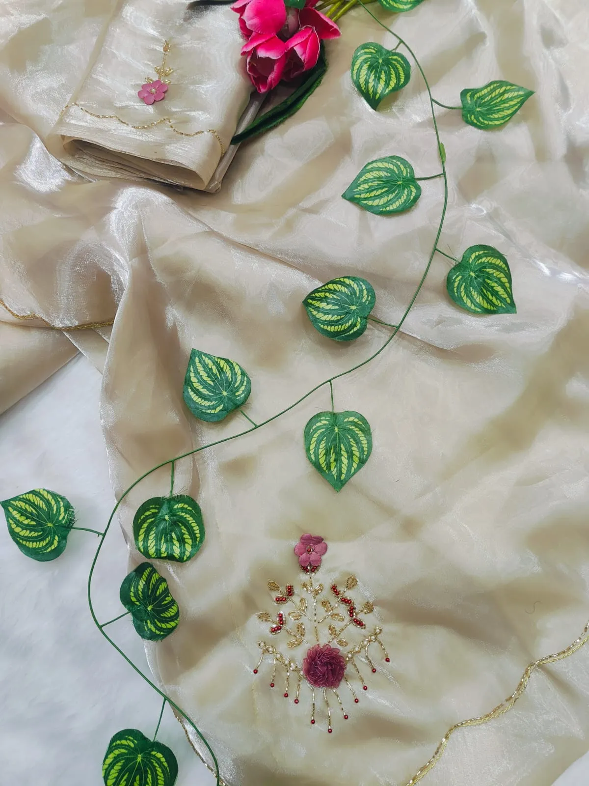 Premium Cut dana Handwork Saree with Lotus work