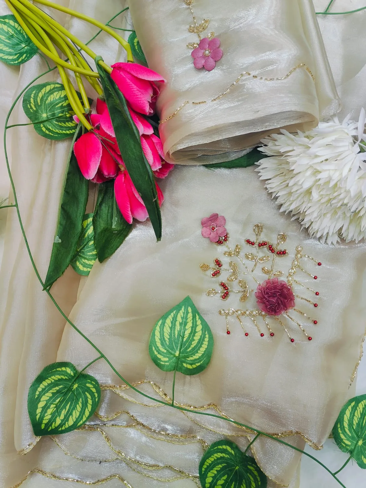 Premium Cut dana Handwork Saree with Lotus work