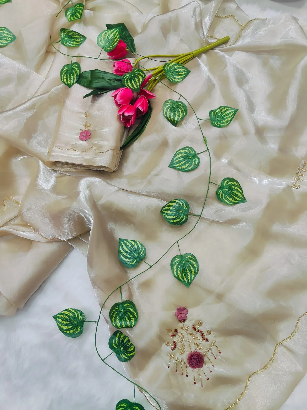 Premium Cut dana Handwork Saree with Lotus work