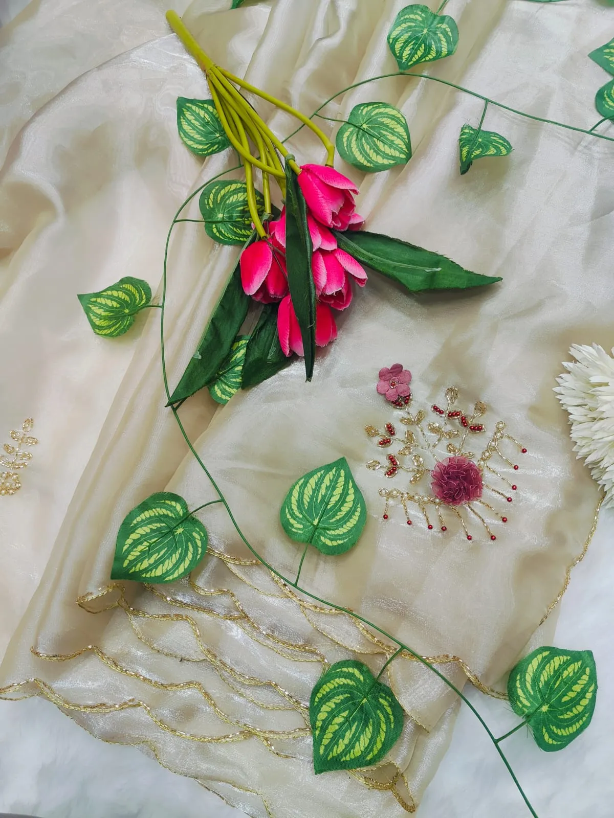 Premium Cut dana Handwork Saree with Lotus work