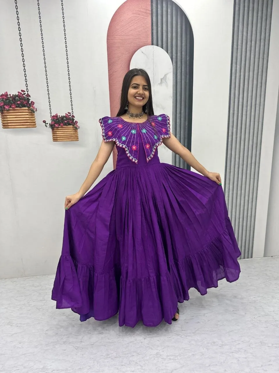 Purple Handwork work Butterfly Neck Gown