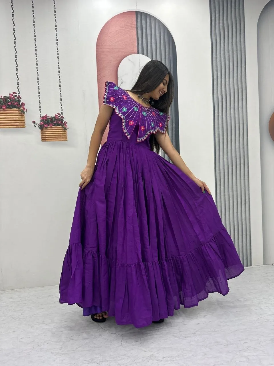Purple Handwork work Butterfly Neck Gown