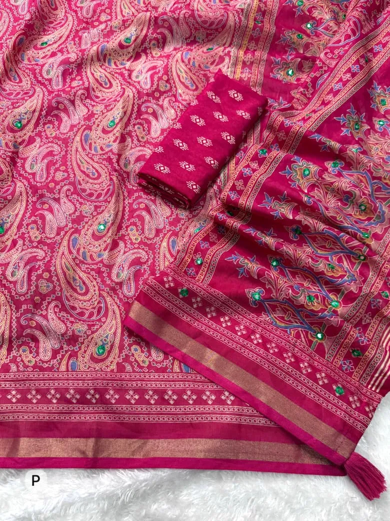 Rani Color Ajrakh Printed Cotton Saree