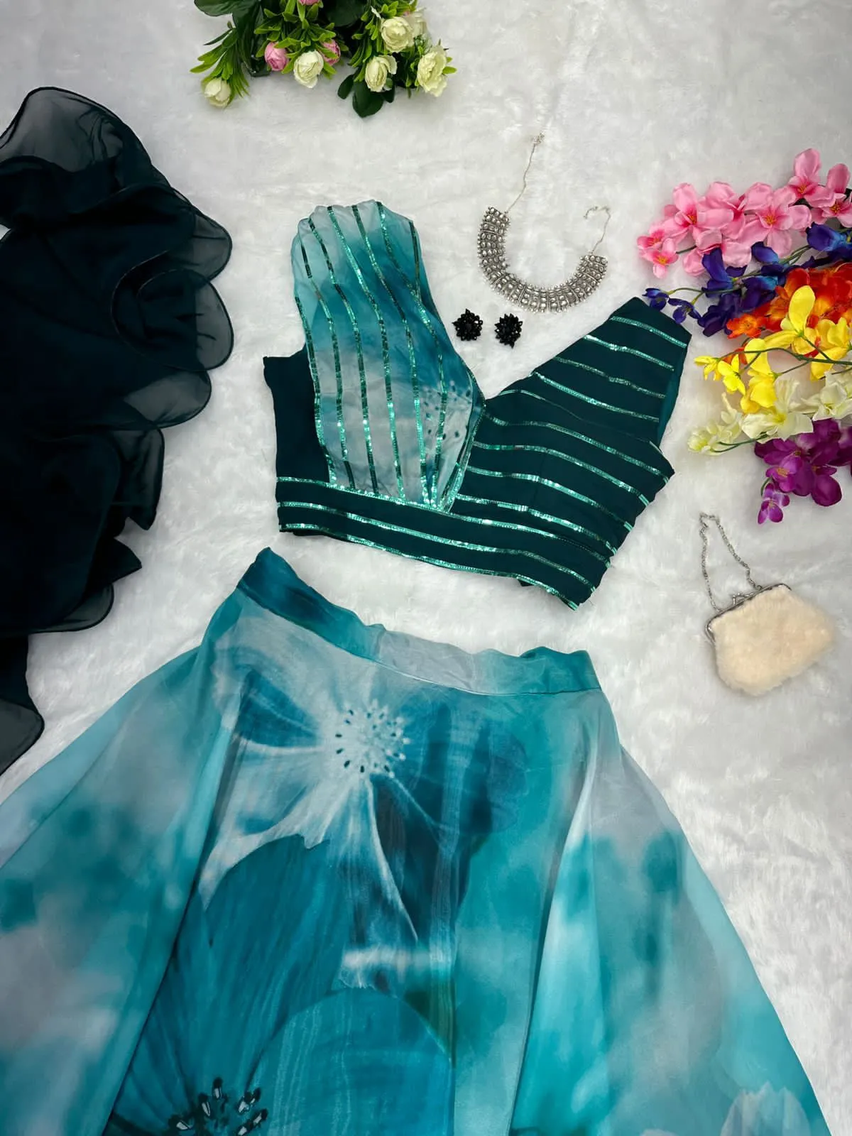 Readymade Fancy Blouse with Blue Floral Lehenga