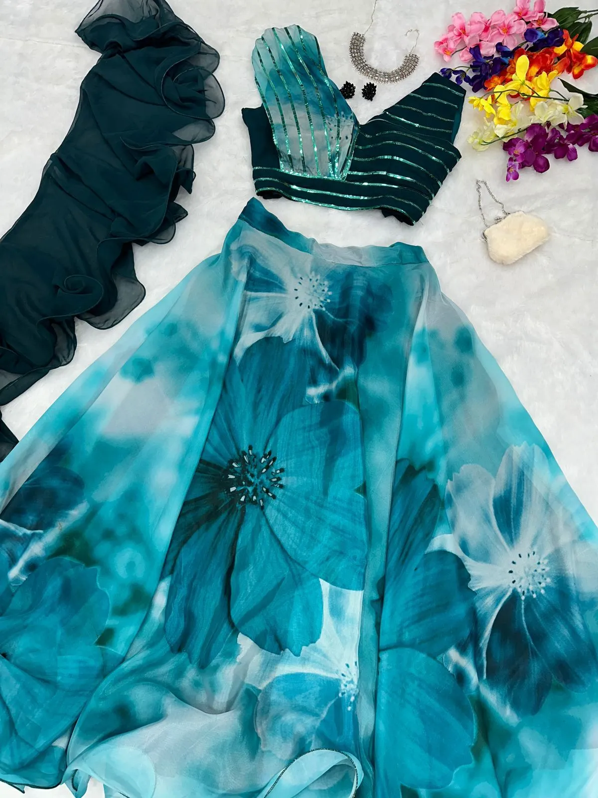 Readymade Fancy Blouse with Blue Floral Lehenga