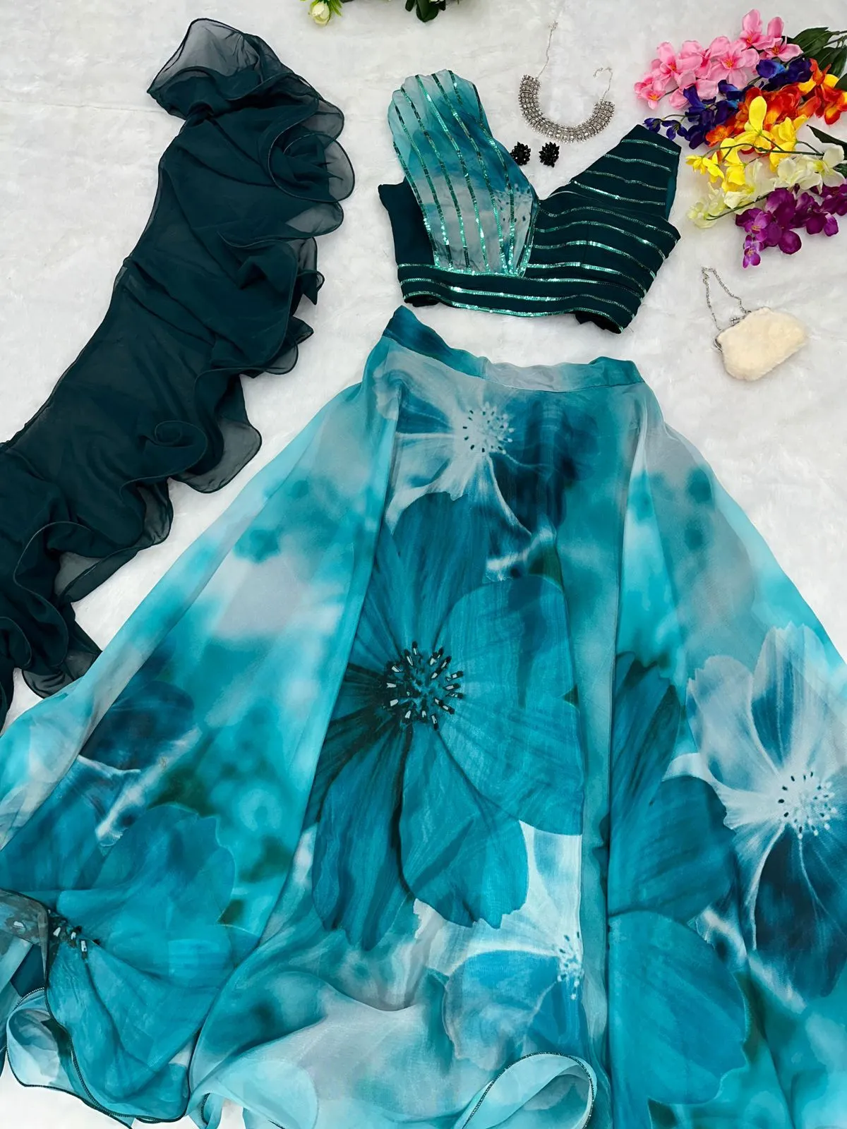 Readymade Fancy Blouse with Blue Floral Lehenga
