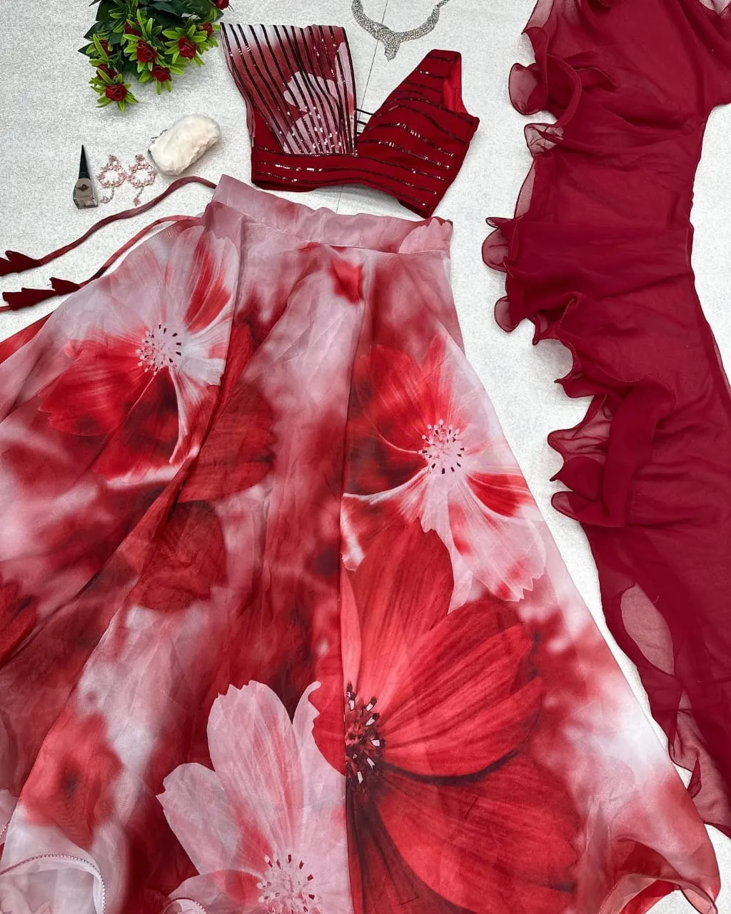 Readymade Fancy Blouse with Floral Lehenga Cherry