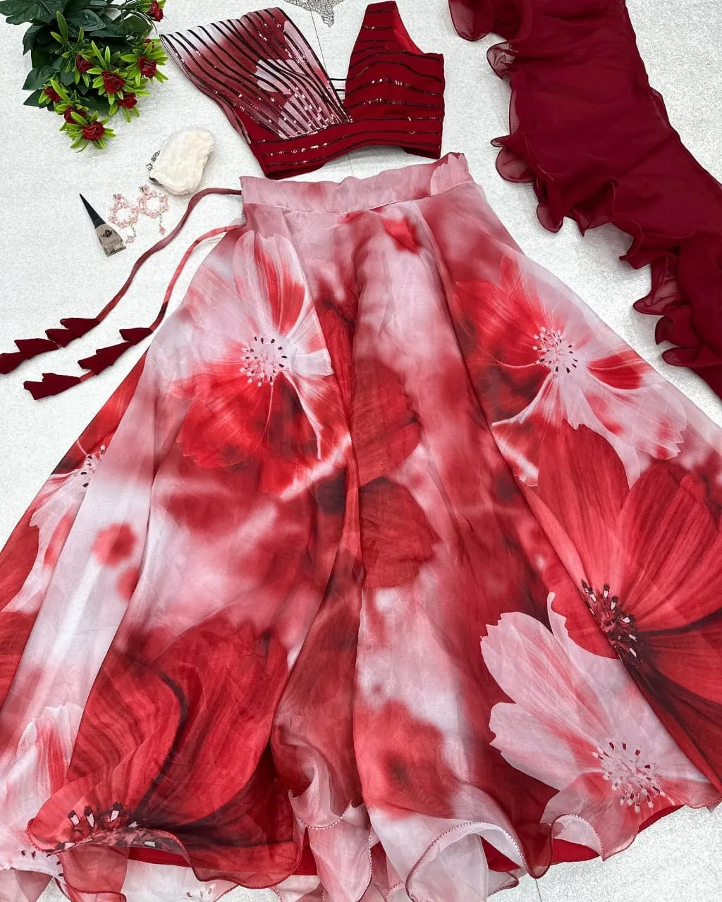 Readymade Fancy Blouse with Floral Lehenga Cherry