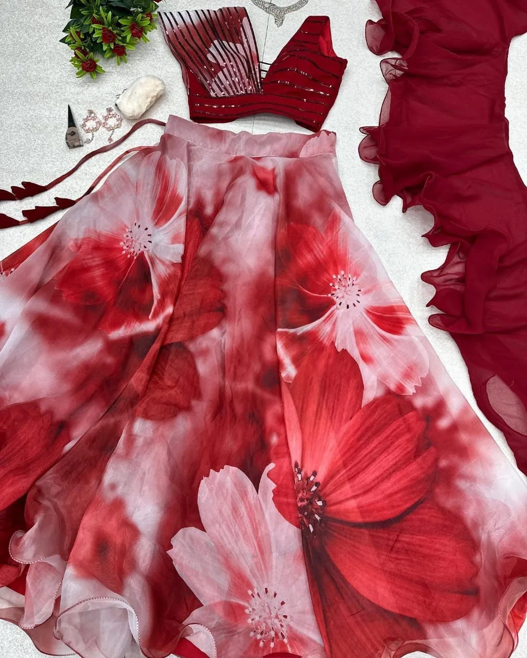 Readymade Fancy Blouse with Floral Lehenga Cherry