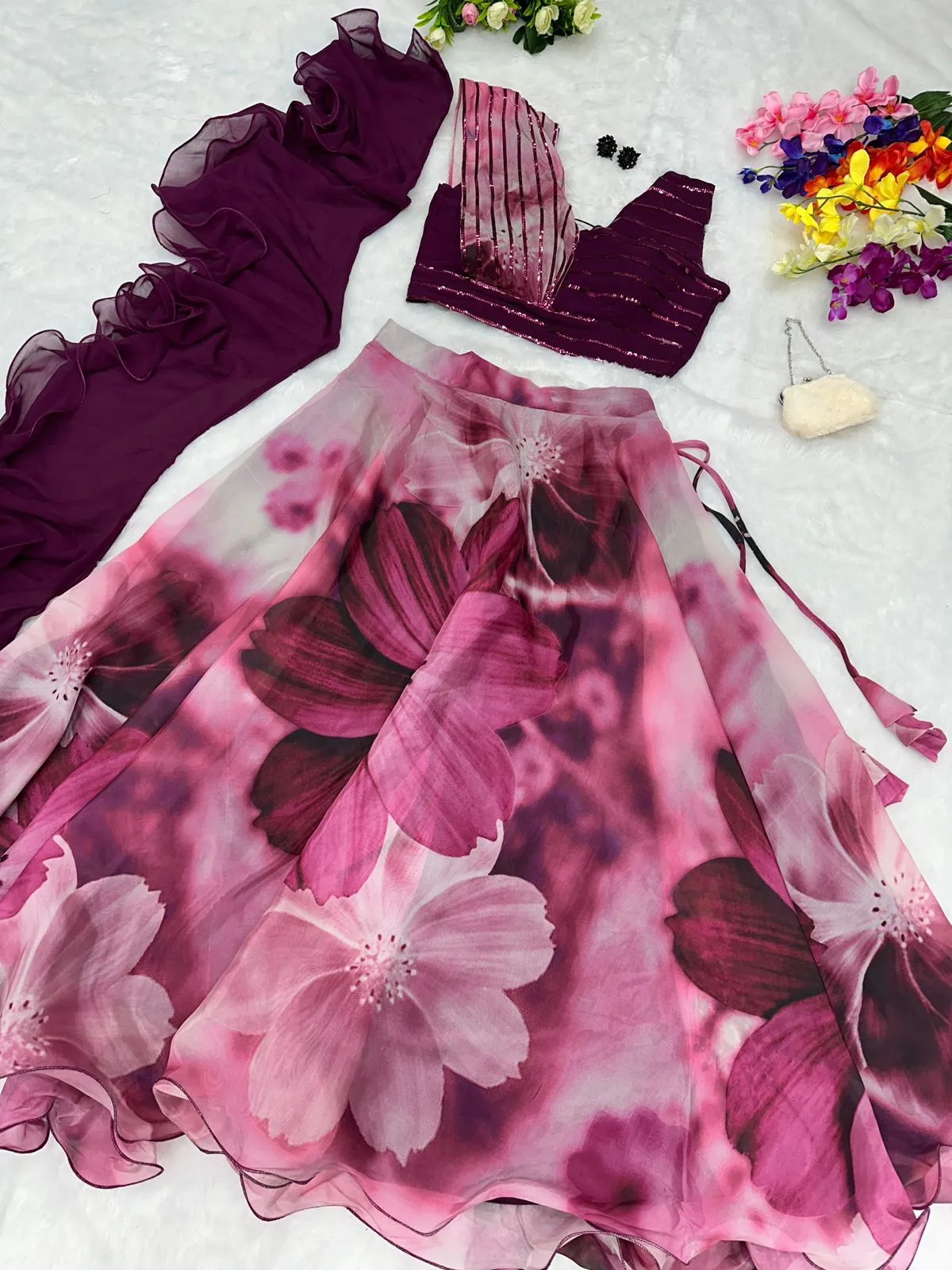 Readymade Fancy Blouse with Purple Floral Lehenga