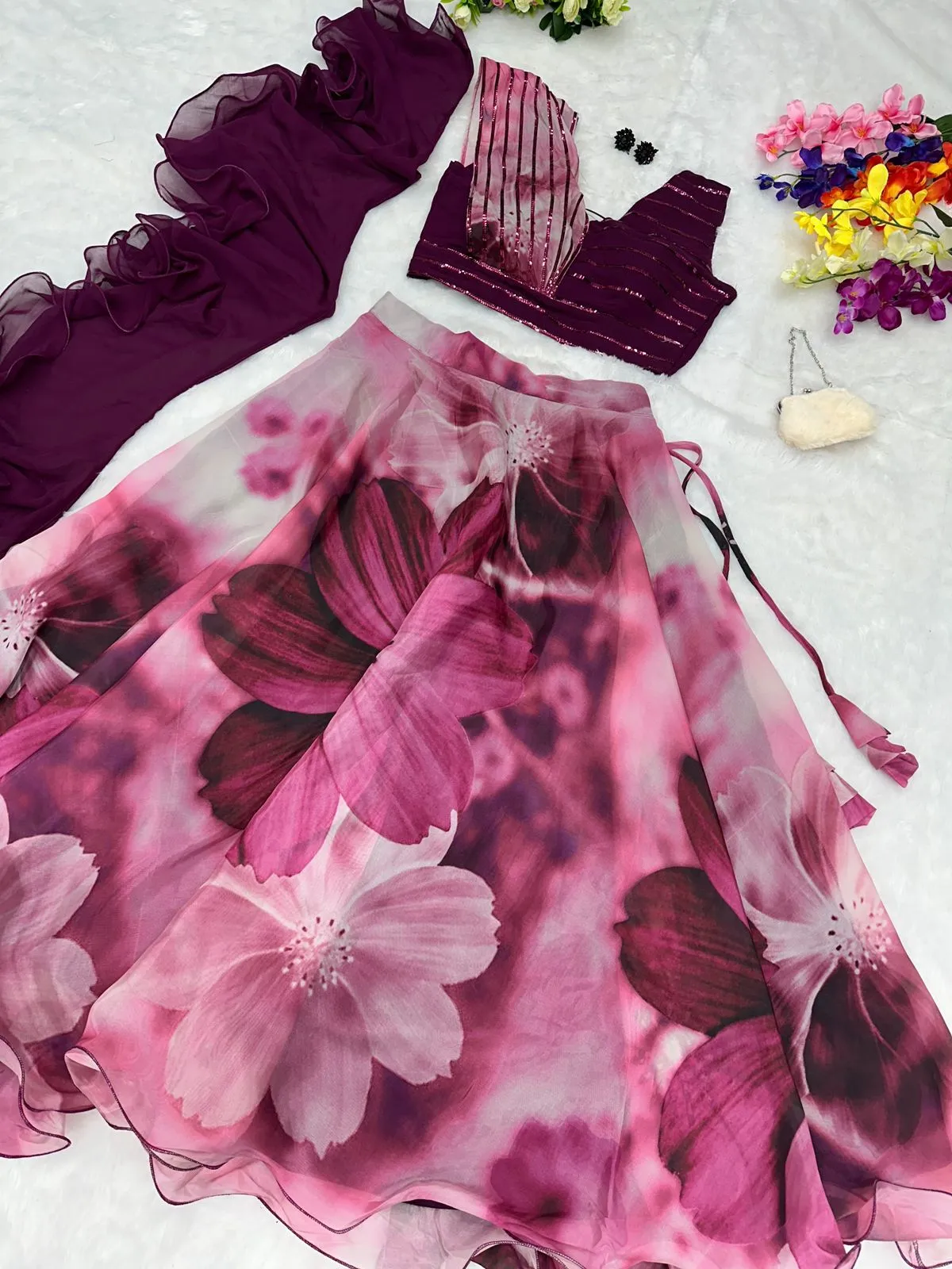 Readymade Fancy Blouse with Purple Floral Lehenga