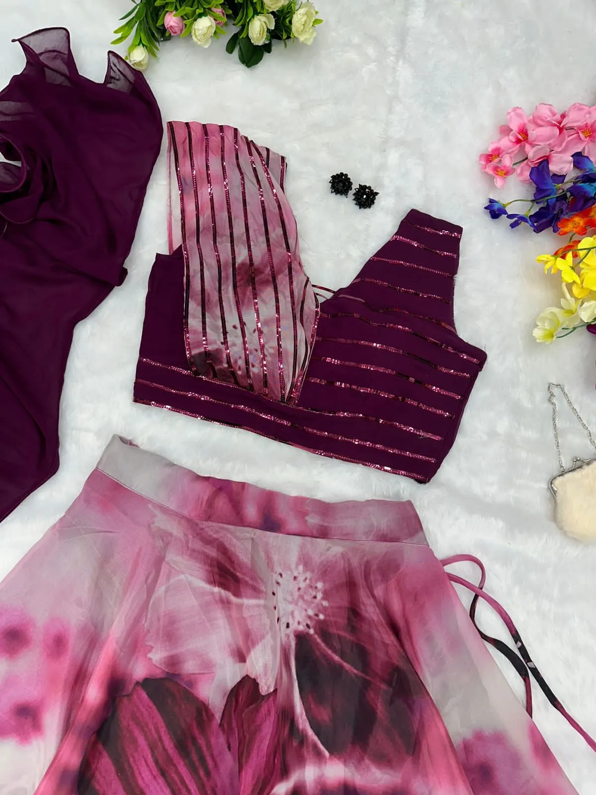 Readymade Fancy Blouse with Purple Floral Lehenga