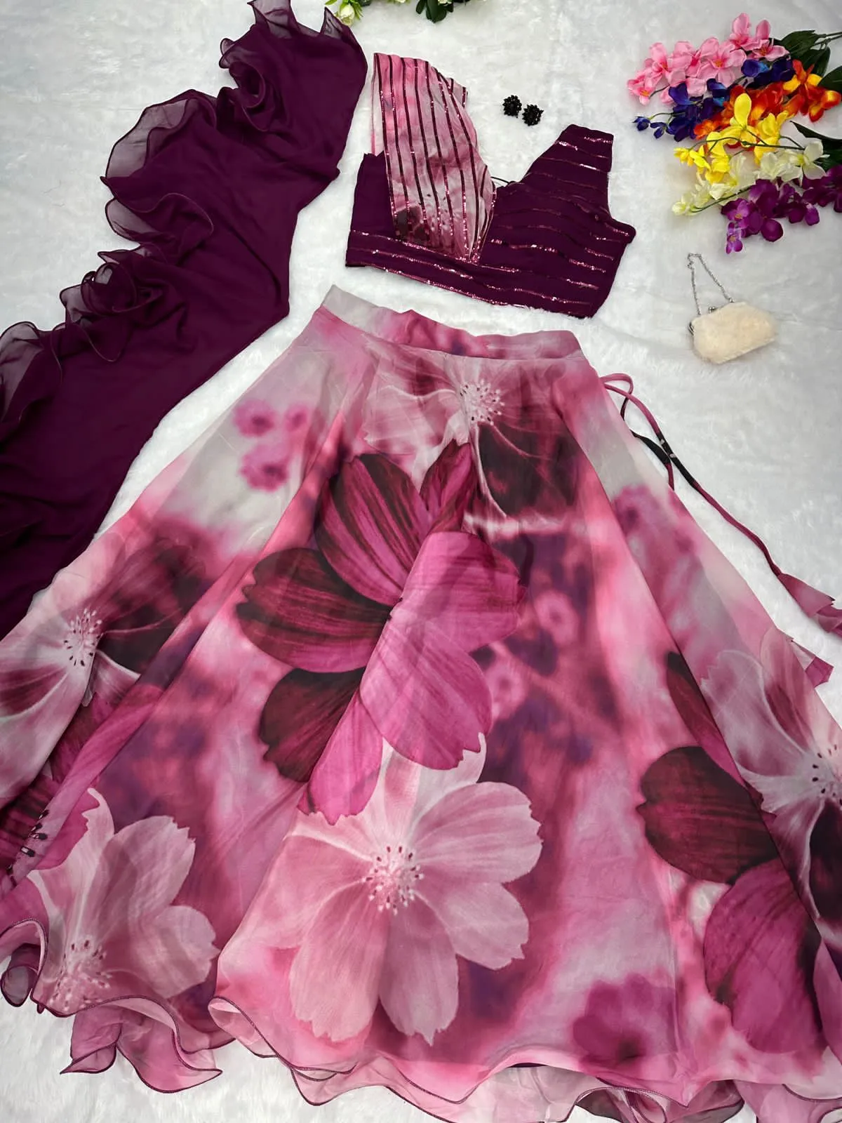 Readymade Fancy Blouse with Purple Floral Lehenga