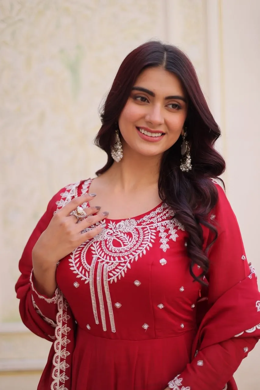 Red Anarkali Suit with Embroidery