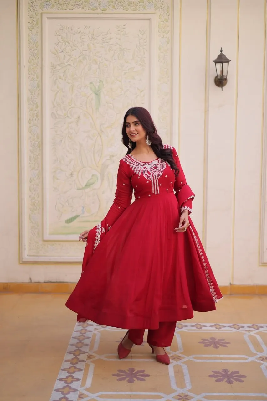 Red Anarkali Suit with Embroidery