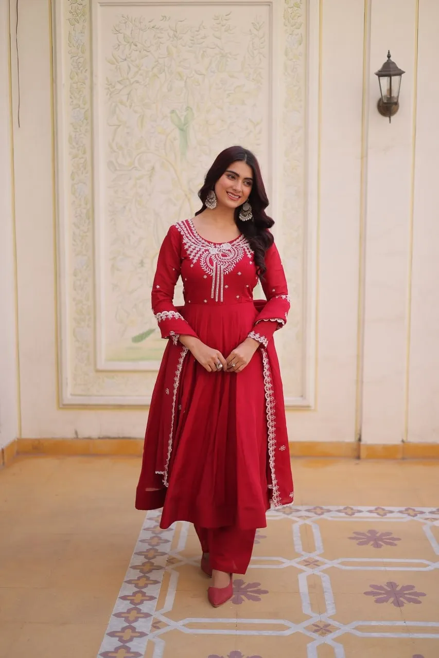 Red Anarkali Suit with Embroidery
