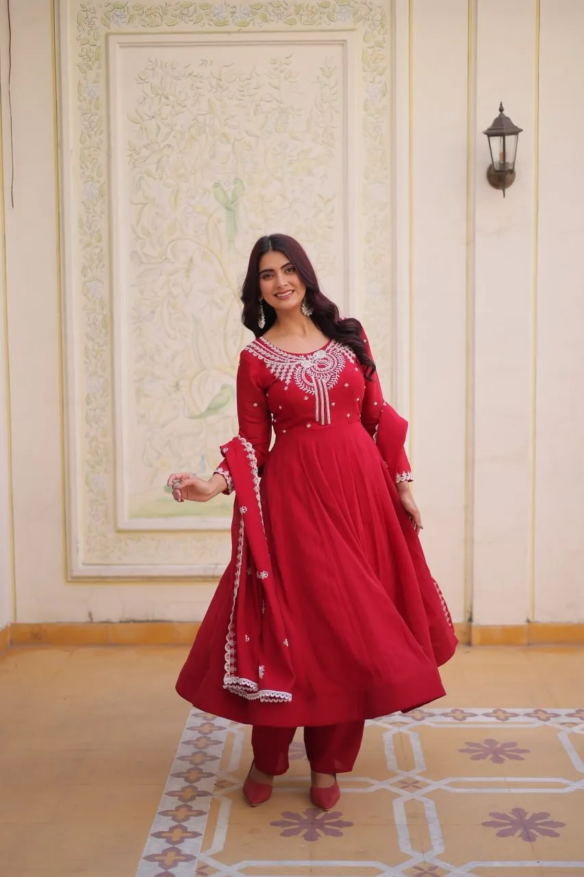Red Anarkali Suit with Embroidery